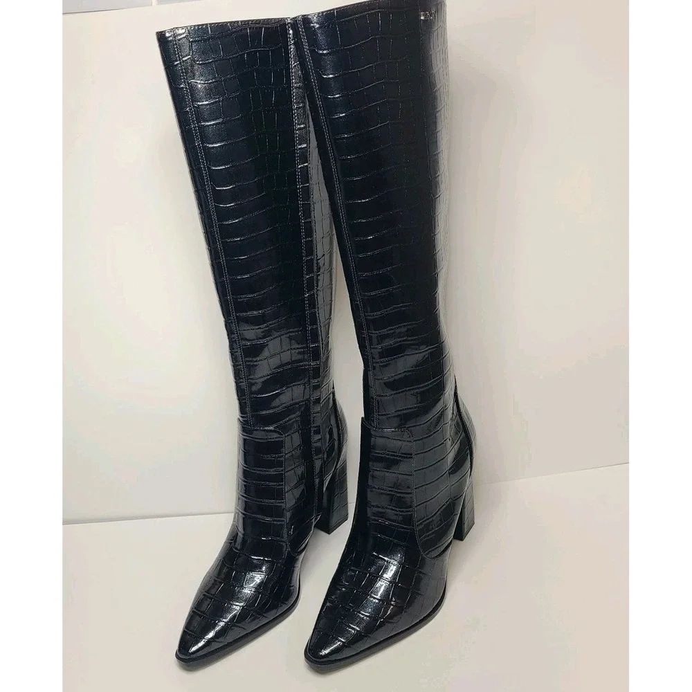 DKNY Knee High Boots Size 8M Black Croc Embossed Block Heel Charcoal Iridescent